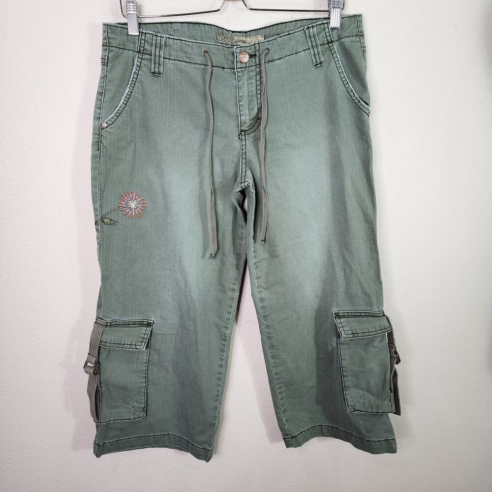 Vintage Y2K MUDD Cargo Pants Womens 11 Green RARE 2000s Grunge 90s Embroidered